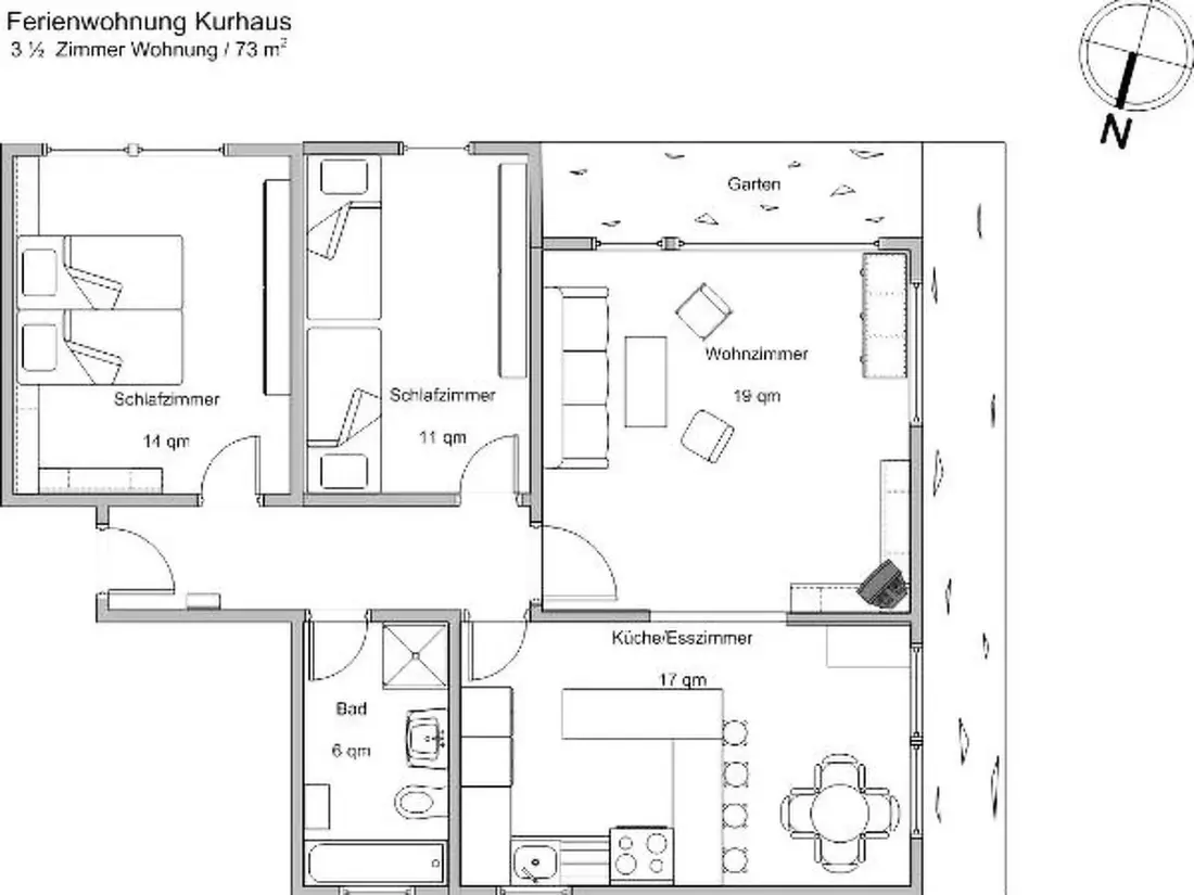 Résidence Kurhaus Appartement/Fewo, Dusche und Badewanne, 2 Schlafräume 3-Zimmerwohnung