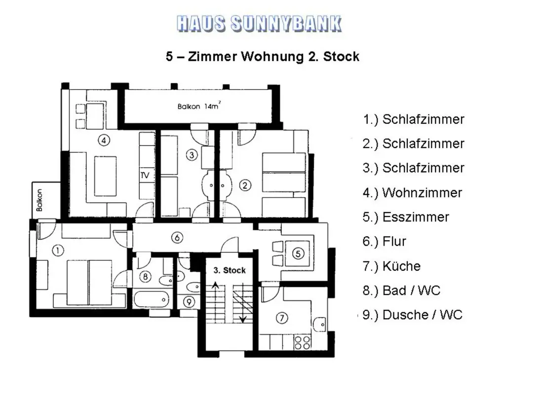 Résidence Sunnybank / 2. St. Appartement/Fewo, Dusche und Bad, WC, 9-Bettwohnung